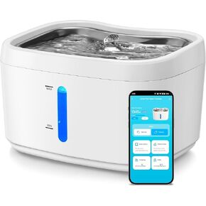 Smart pet Water Dispenser, 85oz/2.5L cat Water Dispenser, 2 Filter cartridges, Stainless Steel Tray Water Dispenser, 2.4G Wi Fi Application Control-(Beige+Silvery)