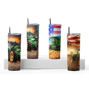 Tractor 20oz tumbler with plastic straw and spill proof lid.