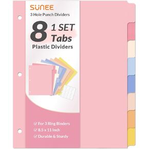 SUNEE 8 Tab Binder Dividers,Plastic Dividers for 3 Ring Binder,3 Ring Binder Dividers with Tabs for School Office Home Supplies,Pastel Color, 1 Set