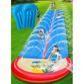 Slip and Water Slide for Kids and Adults Extra Long Heavy Duty Lawn Backyard Water Slides with Two Inflatable Bodyboards and Double Lane Water Toys Summer