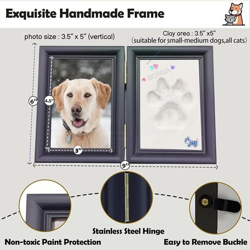 MYPAWLETS Dog or Cat Paw Print Kit with Trinkets,Pet paw Print Impression kit with 2 Clay,Wooden Dog Picture Frame,Personalized Gift Keepsake for Pet Lovers-Black in Saudi Arabia