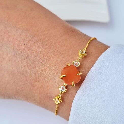 Raw Crystal Chain Bracelet Birthstone Gift for Her on Valentine Birthday Christmas Anniversary Mothers day Uniquelan Jewelry (carnelian, yellow-gold) in Kuwait