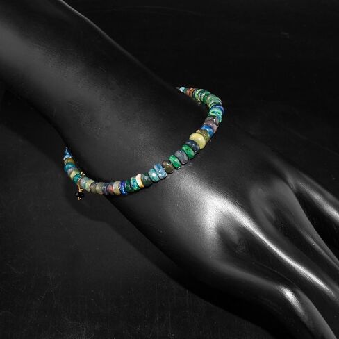 Natural Black Ethiopian Opal Bracelet Gemstone Beaded Dainty Jewelry, October Birthstone, Healing Crystals Gift Jewelry in 14K Gold Plated 925 Sterling Silver Chain 8 inch, in Saudi Arabia
