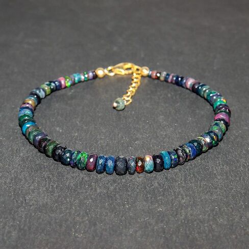 Natural Black Ethiopian Opal Bracelet Gemstone Beaded Dainty Jewelry, October Birthstone, Healing Crystals Gift Jewelry in 14K Gold Plated 925 Sterling Silver Chain 8 inch, in Saudi Arabia