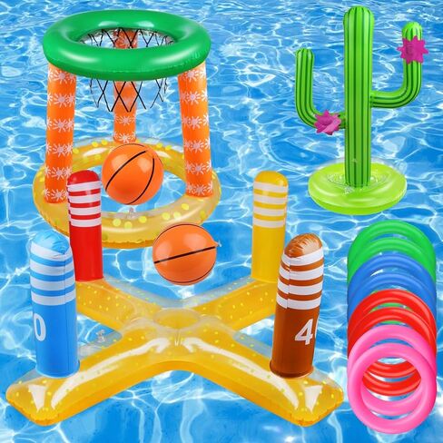 Pool Games Set-8 Inflatable Rings,Inflatable Basketball Hoop,Cactus Toss Game,Cross Toss Game and 2 Inflatable Small Basketballs-Perfect Water Toys for Kids,Teens and Adults in Saudi Arabia
