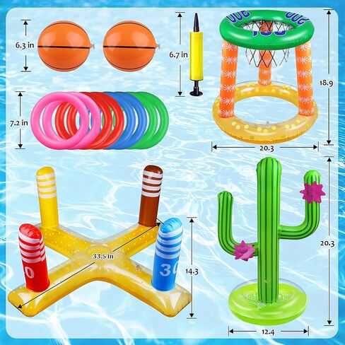 Pool Games Set-8 Inflatable Rings,Inflatable Basketball Hoop,Cactus Toss Game,Cross Toss Game and 2 Inflatable Small Basketballs-Perfect Water Toys for Kids,Teens and Adults in Saudi Arabia