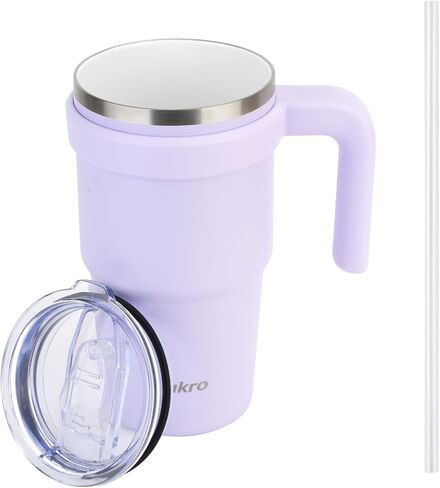 Zukro 20 oz Ceramic Lined Insulated Tumbler with Handle and Straw For Pure Coffee Taste, Reusable Travel Mug with Spill-Proof Lid, Stainless Steel Iced and Hot Coffee Cup, BPA-Free, Lavender in Saudi Arabia