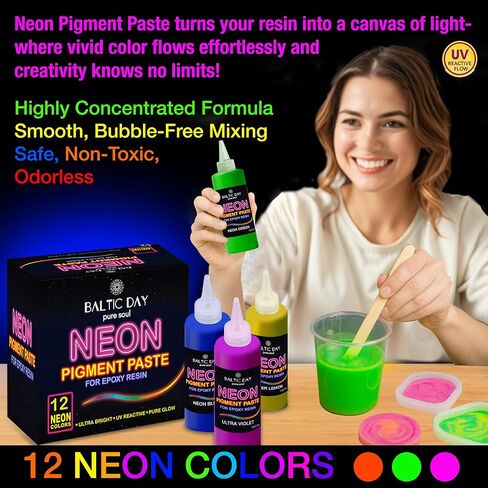 Neon Pigment Paste for Epoxy Resin – 12 Ultra-Bright Colors (15g) | Mica Powder Paste Dye – High-Gloss, Easy Mix for UV Resin, Epoxy Art & Deep Pour Projects in Kuwait