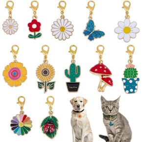 12 Styles Vegetative Collar Pendants for Cat Dog Alloy Enamel Cacti Pet Collar Pendants Clip-on Butterfly Flower Pet Collar for Bag Keychain Jewelry Making Training Home Decor