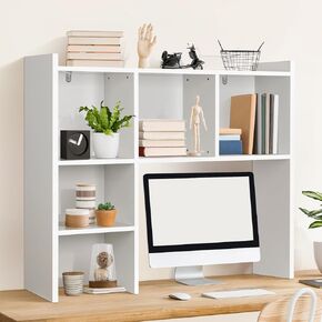 Desk Hutch, Desktop Bookshelf with 5 Shelves, Wood Desk Shelf for Computer, 3-Tier Desktop Bookshelf Organizer for Home Office Dorm, White