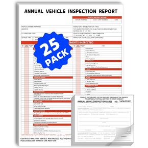 Annual Vehicle Inspection Report Form and Label, 25-Pack 3-Layer Vehicle Inspection Forms, 2-Ply Annual Adhesive Vinyl Label