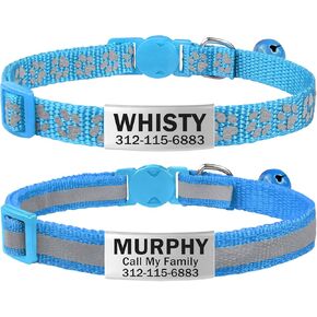 TagME 2 Pack Cat Collar with Name Tag, Personalized Reflective Cat Collar Breakaway with Bell for Boy & Girl Kitten, SkyBlue