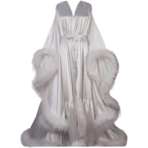 FURINFASHION ME-25 Fashionable Occidental Sexy Robe For Women Valentine’s Day Sleepwear Long Show Satin Silk Dress With Real Ostrich Fur Feather (S, Meat Pink)