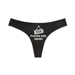 OPEN PLEASE CUM INSIDE - Black Thong - Choose Your Glitter Text Color - Humorous Panties Humorous Thong Naughty Sexy Kinky Underwear (M, Pink Glitter)