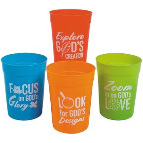 Fun Express 4" 10 oz. Zoom In VBS Bright Color Reusable Plastic Cups - 12 Count, Vacation Bible School Supplies