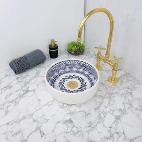 Custom Blue Ceramic Basin Vanity Countertop - Modern Bathroom Sink - Porcelain Vessel Sink Bowl - Round Ceramic Wash Basin With Brass Drain (10 inches, Gray)