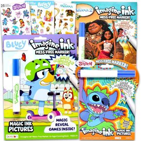 Disney Magic Ink Coloring Book Set - Bundle of 3 Imagine Ink Books for Girls Kids Featuring Stitch, Moana, and Bluey Plus Stickers