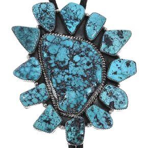 Huge Navajo Sonoran Gold Turquoise Cluster Silver Bolo Tie Big Boy Sterling Design on Genuine Leather 0677