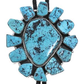 Large Navajo Sonoran Gold Turquoise Cluster Silver Bolo Tie Sterling Design on Genuine Leather 0722