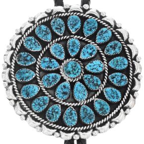 Native American Kingman Natural Turquoise Nugget Cluster Silver Bolo Tie Sterling Design on Genuine Leather 0526