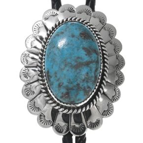 Navajo Genuine Kingman Turquoise Silver Bolo Tie Tail Feather Design on Genuine Leather 0445