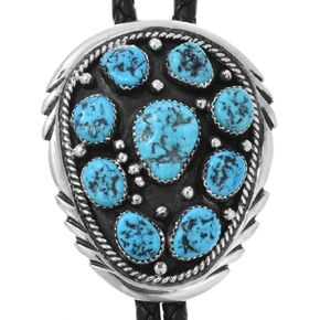 Navajo Natural Kingman Turquoise Cluster Silver Bolo Tie Traditional Sterling on Genuine Leather 2150