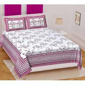 Marusthali Handmade Cotton Bedsheet with Pillow Cover Set Designer and Soft Bedcover Floral Printed Bedspread 93 x 108 Inches (Pink)