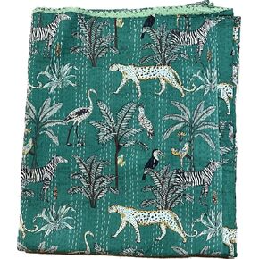 Authentic Blockprint Cotton Kantha Bedspread-Handstitched Artistry from Tribal India-Plush Coverlet, Quilt, Throw Cotton Boho Original textiles Bedding Bedroom Decor (Tiger Jungle Green)