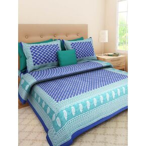 Marusthali Cotton Bed Sheets Full Size Peacock Printed Handmade Traditional Sanganeri Bedsheet Soft Bedcover Bedspread with 2 Pillow Cases 100% Cotton Bedsheets Home Decor 90X108 (Blue)