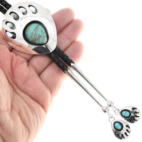 Navajo Turquoise Silver XLG Bear Paw Bolo Tie Big Boy Sterling With Matching Mini Bear Paw Tips on Genuine Leather 0009
