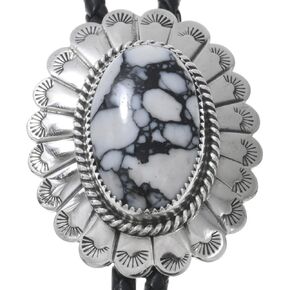 Navajo White Buffalo Spiderweb Silver Bolo Tie Tail Feather Design on Genuine Leather 0503