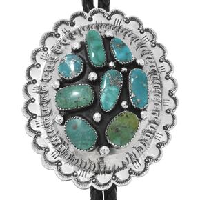 Navajo Turquoise Cluster Silver Bolo Tie Hand Hammered Concho on Genuine Leather 0222