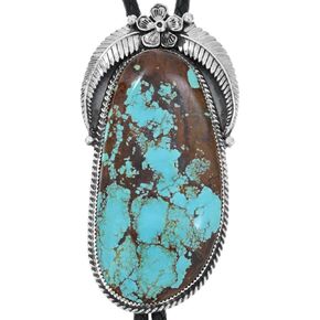 Large Navajo High Grade Number 8 Turquoise Sterling Bolo Tie Nevada 200 Carat Stone on Genuine Leather 0360