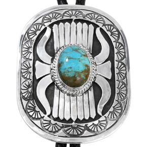 Navajo Number 8 Turquoise Overlaid Silver Bolo Tie Sterling Wagon Wheel Design on Genuine Leather 0011