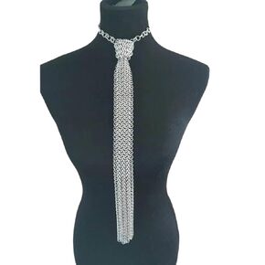 Chainmail Statement Necklace, Long Silver Tie Design, Medieval Style Chain Link