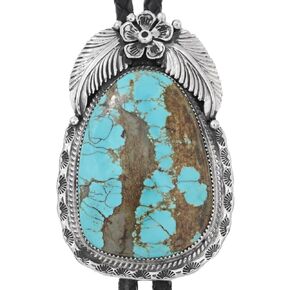 Large Navajo Number 8 Turquoise Silver Bolo Tie Traditional Sterling Design on Genuine Leather 2640