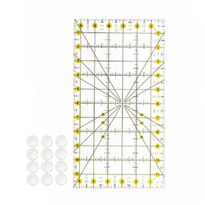 Quilting Ruler 6.5 x 12 inches with 12pcs Non-Slip Silicone Grips,Clear with Black Lines,Transparent Square Ruler