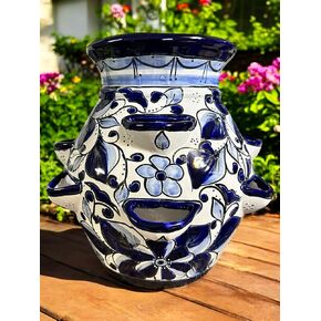 Talavera Strawberry Planter 14 Inch; Hand-Painted Mexican Pottery with Side Pockets; Handmade Garden Pot (Blue & White)