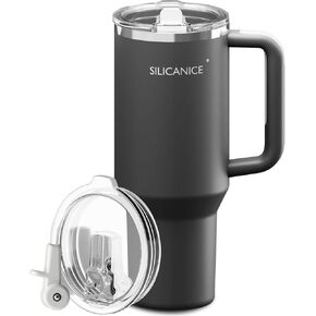 40oz Insulated Travel Tumbler with Handle & Straw; Vacuum-Insulated, Easy to Clean,100% Leak-Proof & BPA-Free; Reusable Travel Mug Fits Car Cup Holders (Cream, 40oz)