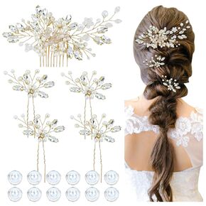 inSowni 17 Pieces Silver Metal Crystal Rhinestone Pearl Bridal Wedding Hair Side Combs Slides+U-shaped Flower Hair Pins+Pearl Twist Spiral Pearl Hairpins for Brides Bridesmaids Women Girls