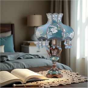 Exquisite Victorian Style Resin Art Table Lamp with Floral Shade and Beads - Perfect for Bedroom, Living Room, Office Use, as Reading Light, Night Stand Desk Lamp