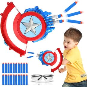 Littco Superhero Captain Shield Shield ، لعب دور الأطفال مع نظارات واقية ، بما في ذلك 20 لعبة السهام ، مناسبة لأولاد الأطفال البالغ من العمر 3-12 عامًا ، وحفلات داخلية وخارجية