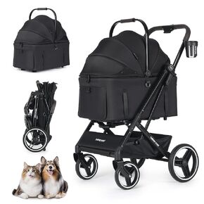 BEBEROAD X3 2 in 1 Pet Stroller for Medium or Two Small Dogs & Cats 4 Wheels Lightweight Foldable Carrier Dog Stroller with Waterproof Weather Cover Cup Holder,Storage Basket(Camel)