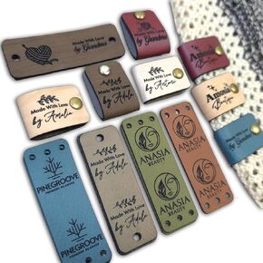Customized 2.20 x 0.75 inches Faux Leather Product Tags with Rivets, Personalized Tags for Knitting Crochet, Cute Labels Handmade Perfect for Hats Beanies Scarves & More, Zeus Hide, Labels for Knits