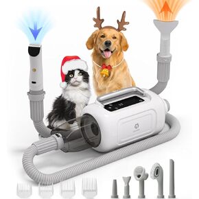 Pet Grooming Kit, Dog Grooming Vacuum and Dog Hair Dryer with 3 Heat & 2 Speed Settings, Pet Clippers with 7 Pet Hair Removal Tools for Shedding, Low Noise, Anion, LED Screen