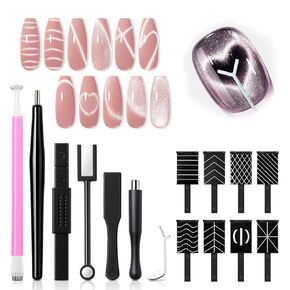 modelones Cat Eye Magnetic for Nails,15PCS Cat Eye Gel Nail Polish Magnet Tools Powerful Set Wand Magnet Summer Nail Polish Square Round Magnet Stick Diverse Glassy Cateye Effect