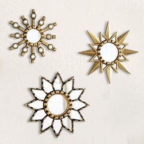 Gold Sunburst Round Mirror set of 3, Decorative Accent Round Sun Wall Mirror set for 3, Peruvian Hand-carved Wood Mirror decor