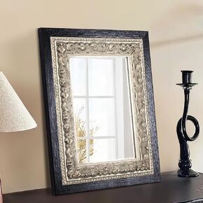 مرآة عتيقة صغيرة فرنسية ، 14 "x11" مرآة عتيقة أسود للغرور مع فتوهن يدويًا من زهرة ، إطار خشبي (أسود وشظية ، 14 "x11")