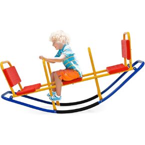 GLACER Teeter Totter Seesaw for Kids, 3-Person Metal Rocking Seesaw for Boys Girls Ages 3-8, 2 in 1 Indoor Outdoor Rocker Toy with Easy-Grip Handles, Playground Equipment for Backyard (Blue)