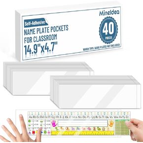 40 PCS Nameplate Pocket, 14.9" x 4.7" Adhesive Desk Name Tag Sleeves Easy Remove Nameplates Holder, Thicken Clear Scratch Proof Name Tag Pockets for Classroom Desk